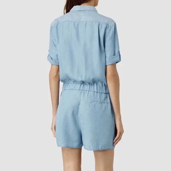 All Saints Jada Playsuit Romper Size 10 Lyocell Belt Chambray Shorts Pockets - Picture 2 of 12